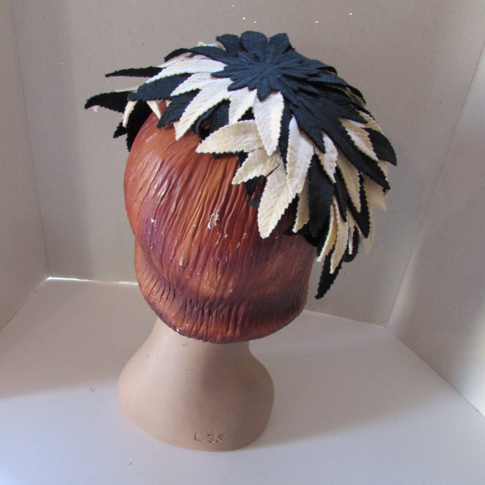 Mid Century Vintage Half Hat Overlapping Navy & Cream Leaves - Picture 7 of 12